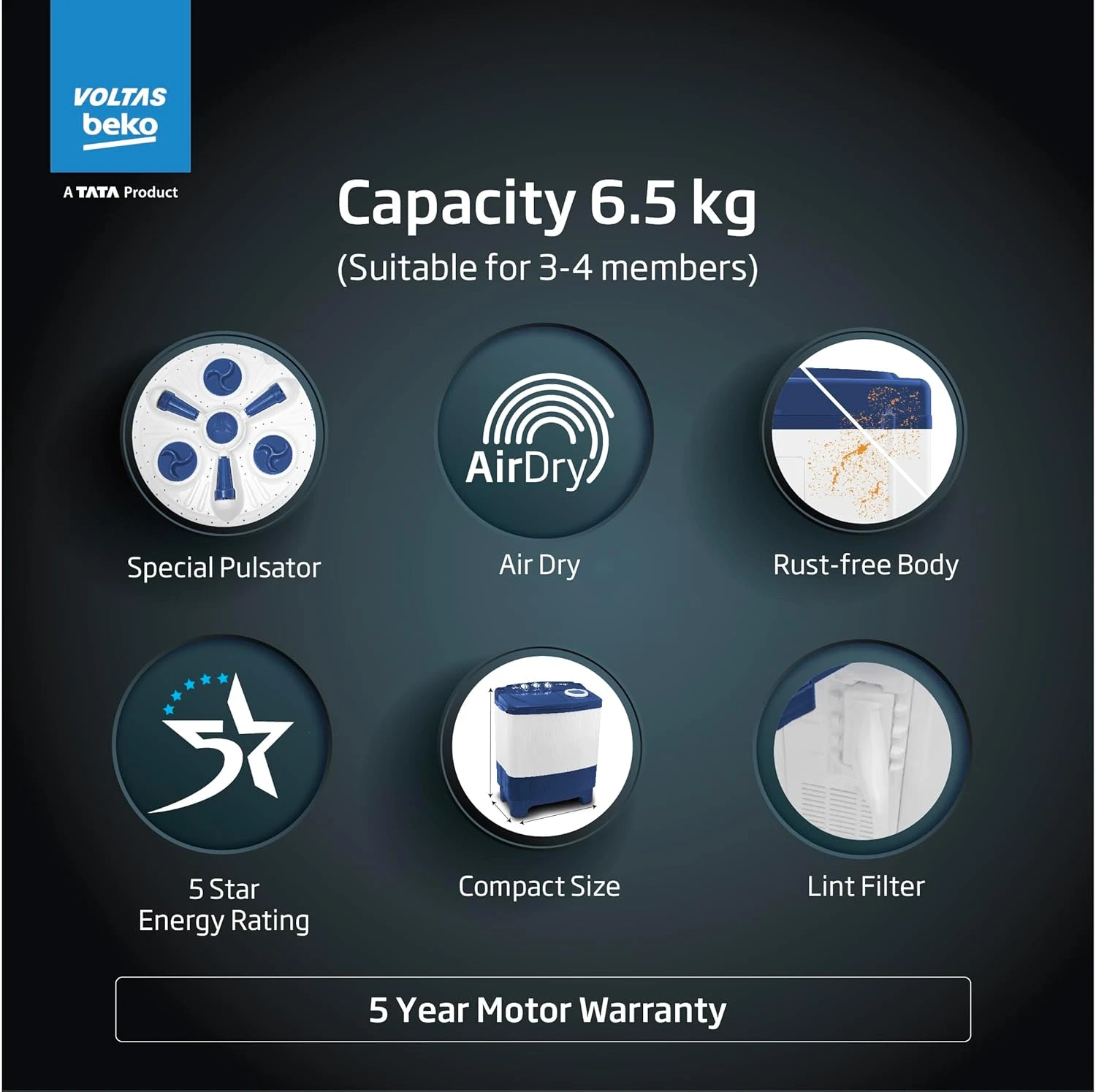 A Tata Product 6.5 Kg 5 Star Semi-Automatic Top Loading Washing Machine
