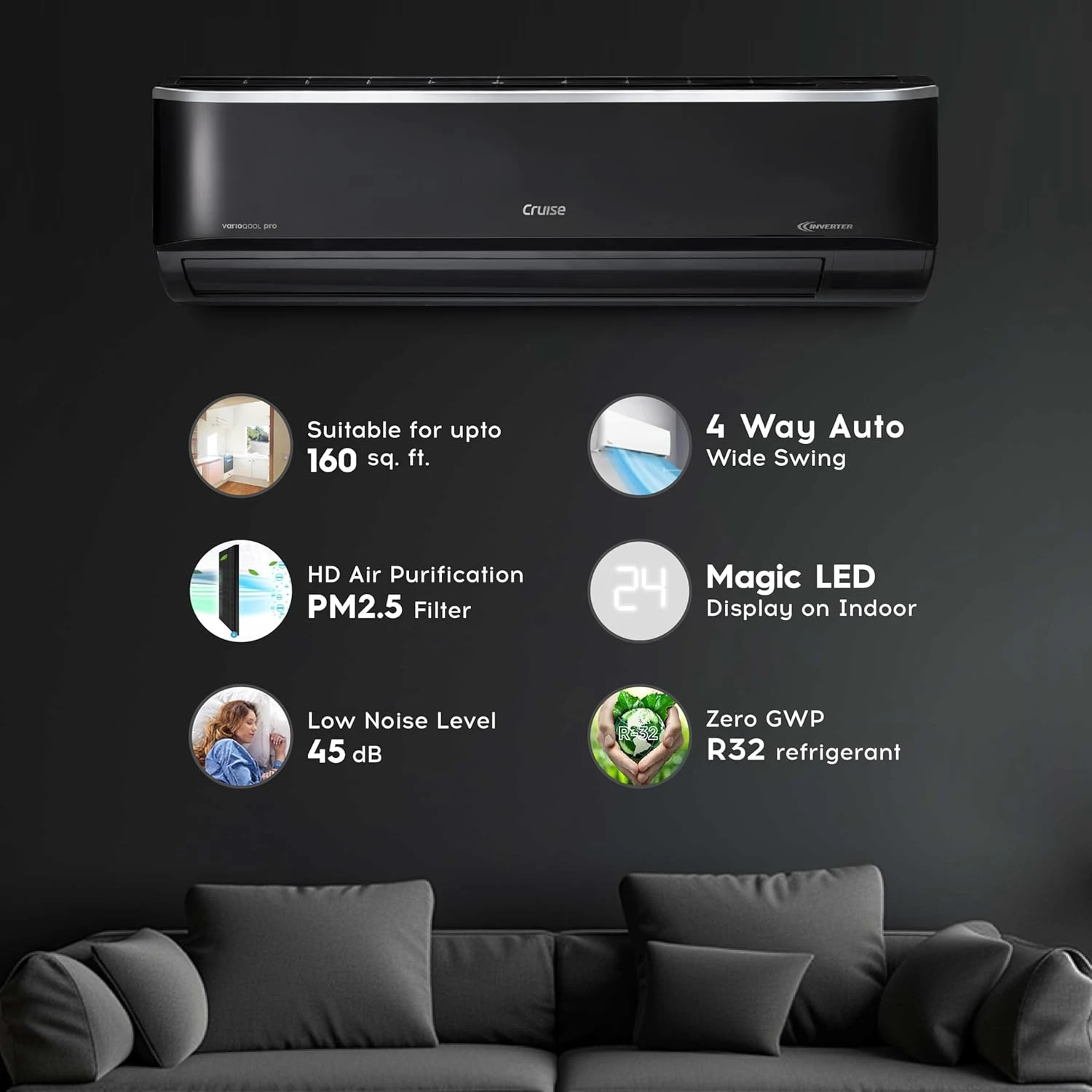Cruise Limited Edition 1.5 Ton 3 Star Black Inverter Split AC (5200W, Copper, Heavy Duty, 4-in-1 Convertible