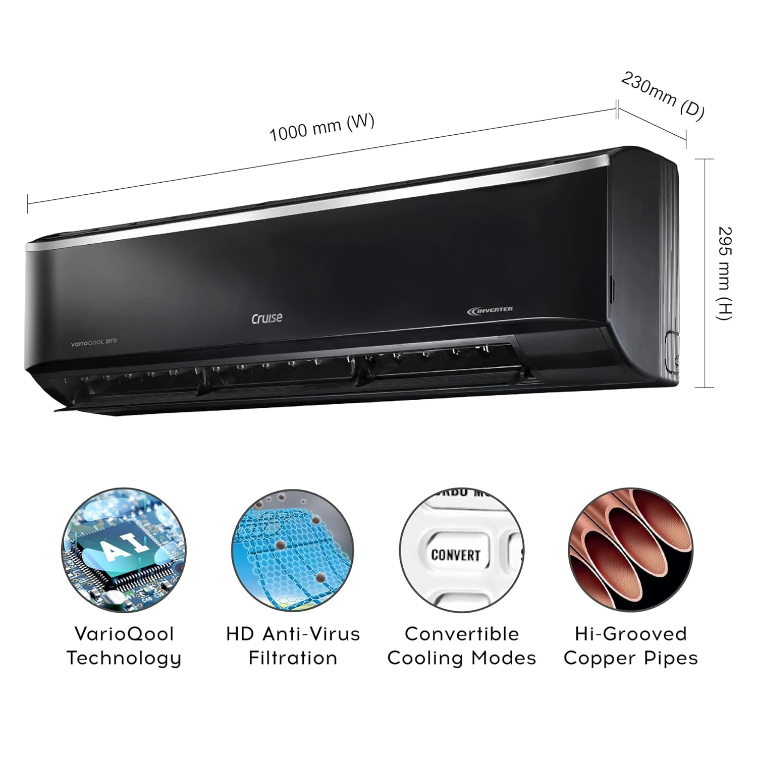 Cruise Limited Edition 1.5 Ton 3 Star Black Inverter Split AC (5200W, Copper, Heavy Duty, 4-in-1 Convertible