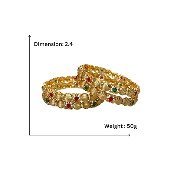 Gold Plated Pink & Green Artificial Stone-Studded Bangles