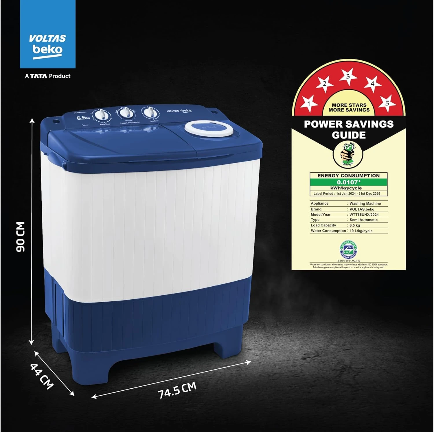 A Tata Product 6.5 Kg 5 Star Semi-Automatic Top Loading Washing Machine