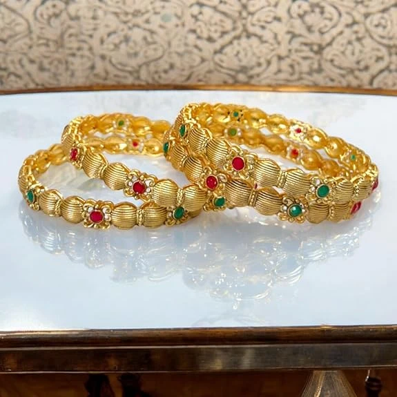 Gold Plated Pink & Green Artificial Stone-Studded Bangles